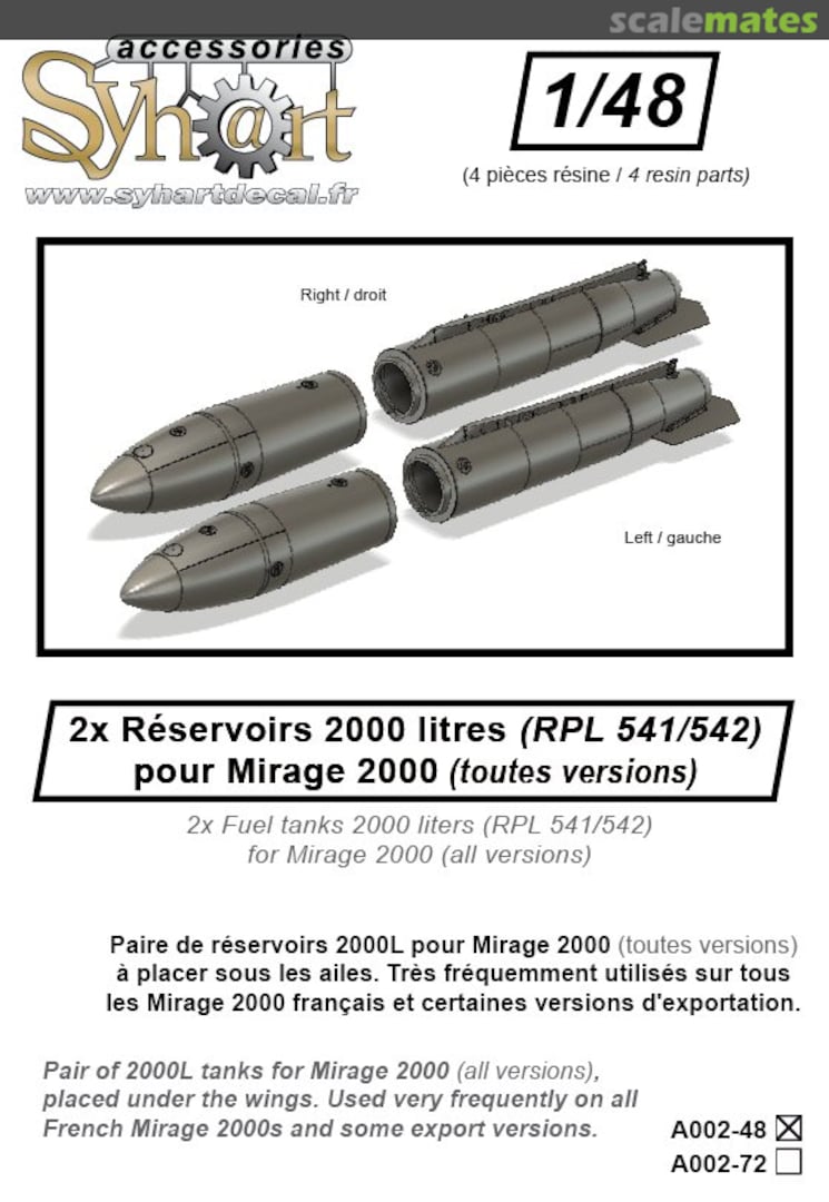 Boxart 2x Fuel tanks 2000 liters (RPL 541/542) for Mirage 2000 (all versions) A002-48 Syhart