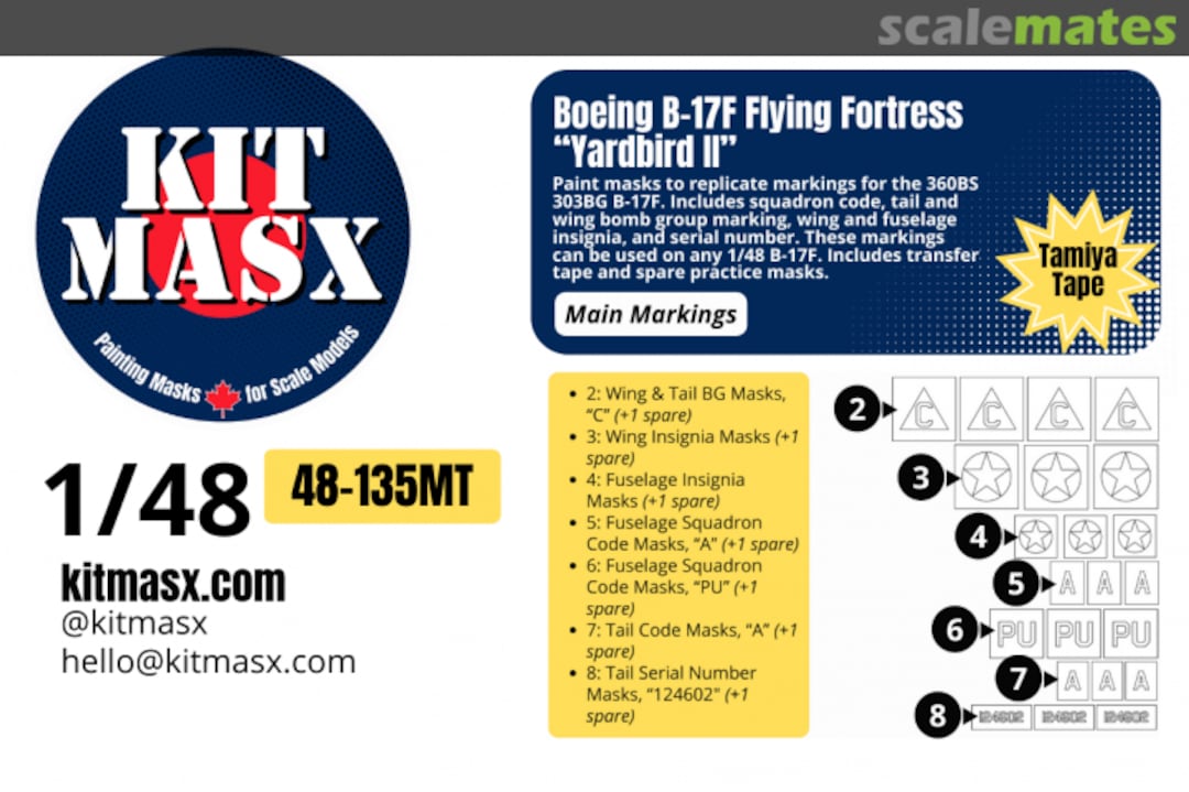 Boxart Boeing B17F Flying Fortress 'Yard Bird II', main markings masks 48-135MT Kit Masx Boxart Boeing B17F Flying Fortress 'Yard Bird II', main markings masks 48-135MT Kit Masx