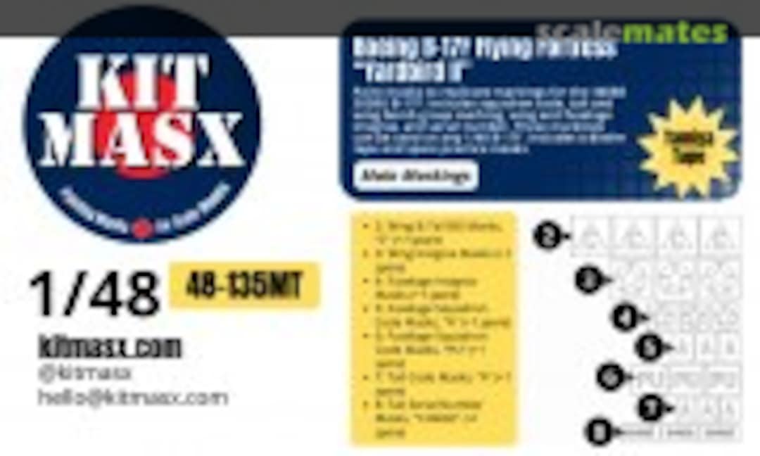 1:48 Boeing B17F Flying Fortress 'Yard Bird II', main markings masks (Kit Masx 48-135MT) 48-135MT