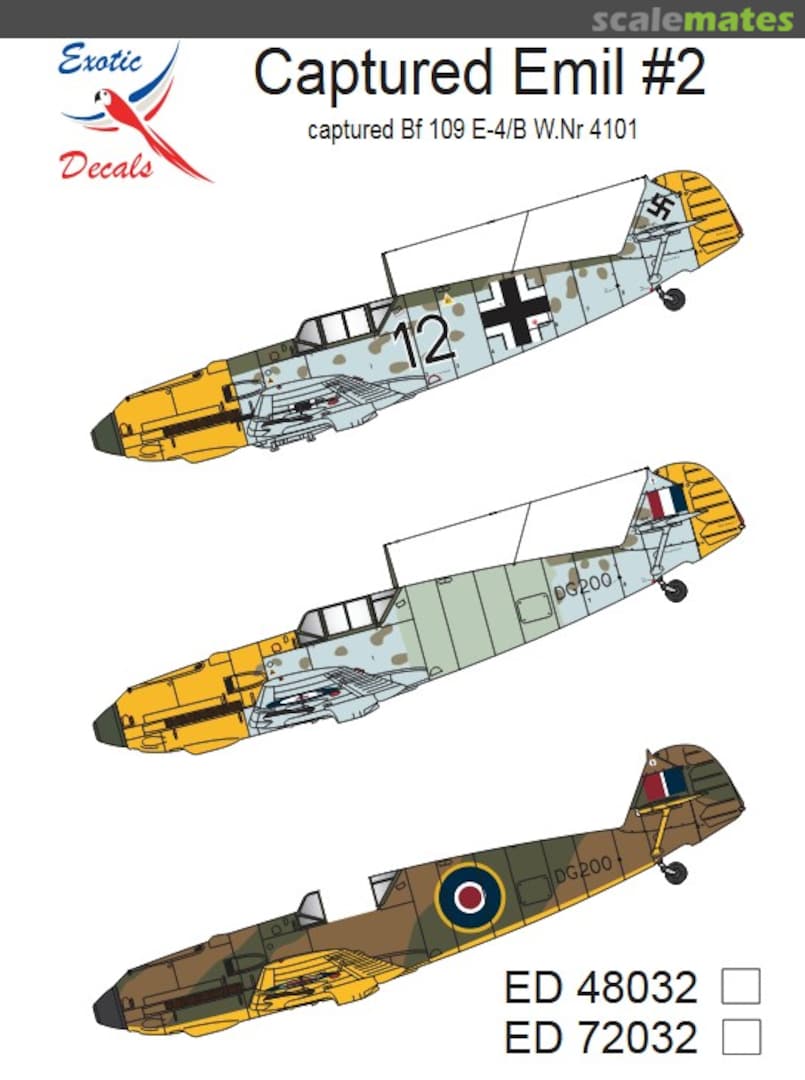 Boxart Captured Emil #2 - captured Bf 109 E-4/B W.Nr 4101 ED72032 Exotic Decals Boxart Captured Emil #2 - captured Bf 109 E-4/B W.Nr 4101 ED72032 Exotic Decals