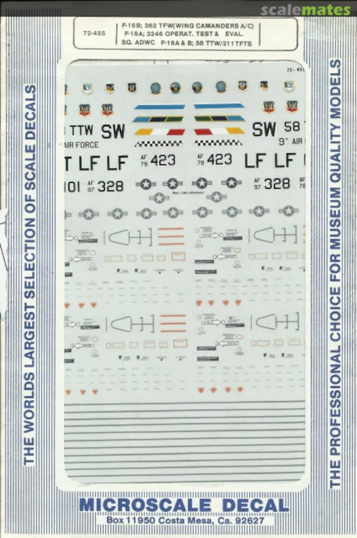Boxart F-16B; 363 TFW(Wing Cmdrs A/C), F-16A; 3246 Ops. Test & Eval. Sqdn. ADWC, F-16A & B; 58 TTW/311 FTS 72-455 Microscale Boxart F-16B; 363 TFW(Wing Cmdrs A/C), F-16A; 3246 Ops. Test & Eval. Sqdn. ADWC, F-16A & B; 58 TTW/311 FTS 72-455 Microscale