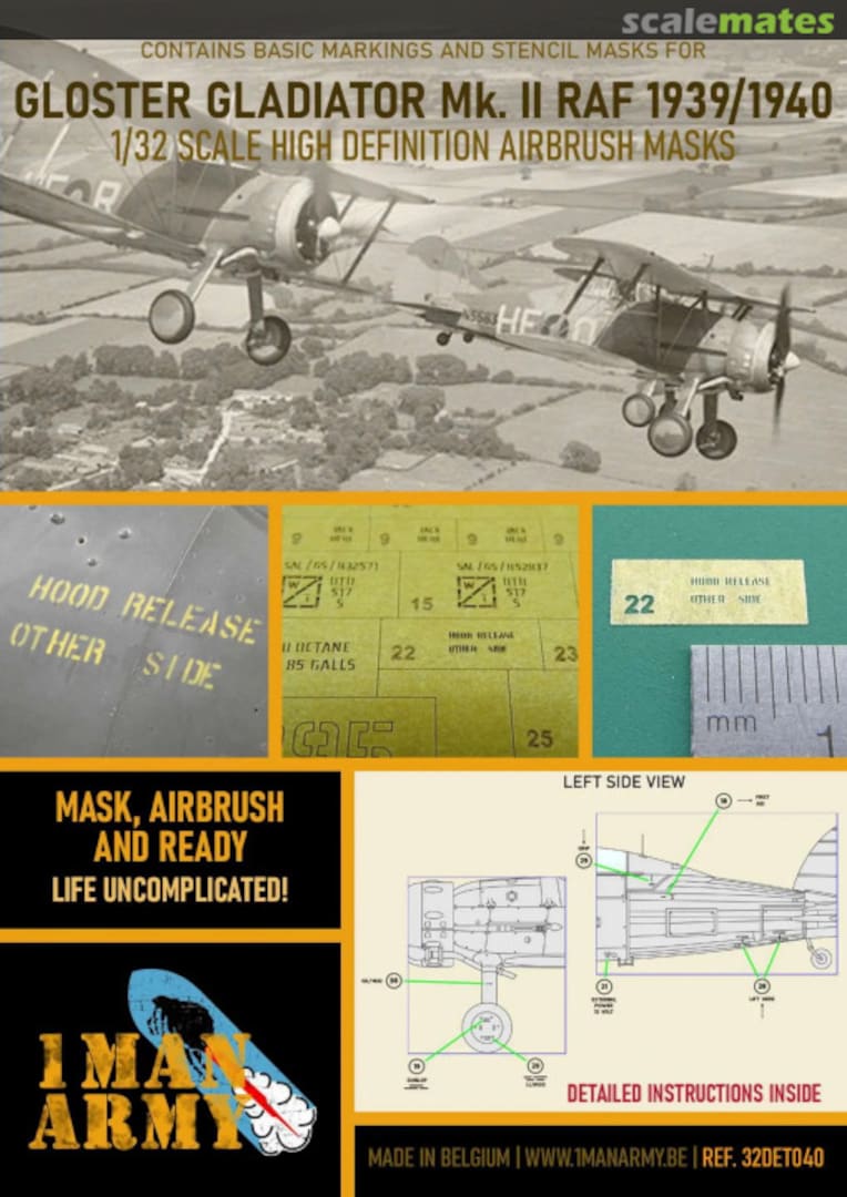 Boxart Gloster Gladiator Mk.II RAF 1939/1940 stencilling and national insignia masks 32DET040 1ManArmy Boxart Gloster Gladiator Mk.II RAF 1939/1940 stencilling and national insignia masks 32DET040 1ManArmy