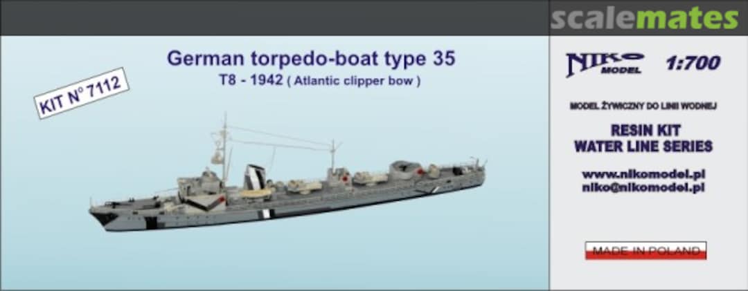 Boxart German torpedo-boat type 35 T8 1942 ( Atlantic clipper bow ) 7112 Niko Model Boxart German torpedo-boat type 35 T8 1942 ( Atlantic clipper bow ) 7112 Niko Model