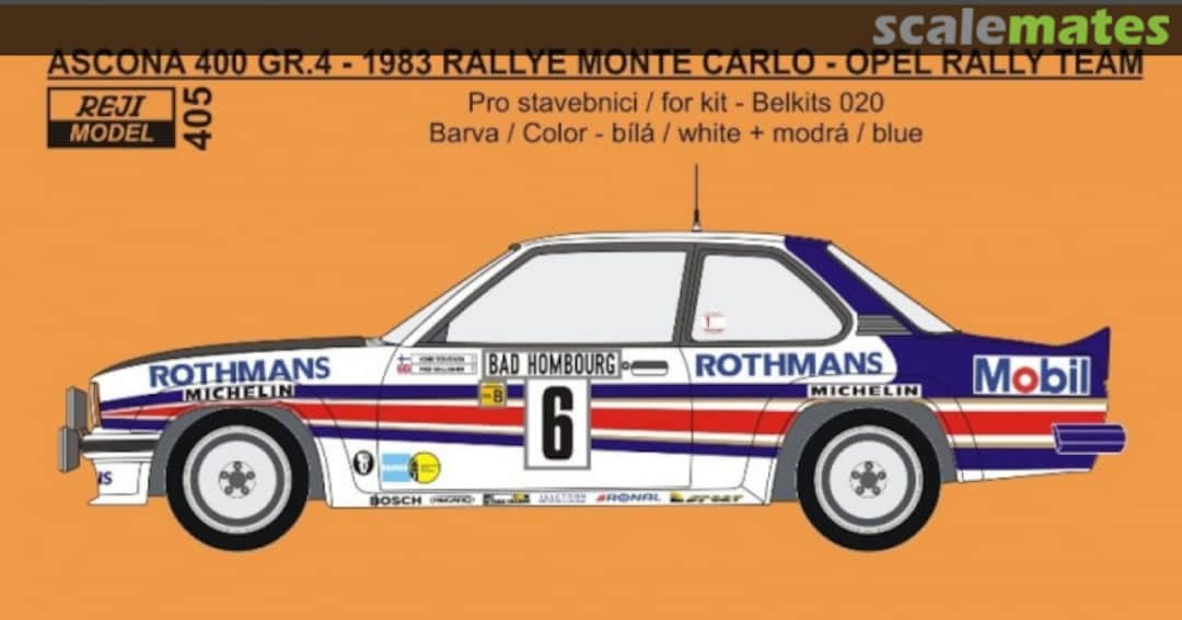 Boxart Opel Ascona 400 Group 4 Opel Rally Team sponsored by Rothmans #3, 6, 10 405 REJI Model Boxart Opel Ascona 400 Group 4 Opel Rally Team sponsored by Rothmans #3, 6, 10 405 REJI Model