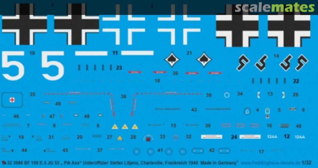 Boxart Bf 109 E-3 Unteroffizier Stefan Lijens, JG 53 PIK Ass, Charleville, Frankreich 1940 32 3986 Peddinghaus-Decals Boxart Bf 109 E-3 Unteroffizier Stefan Lijens, JG 53 PIK Ass, Charleville, Frankreich 1940 32 3986 Peddinghaus-Decals