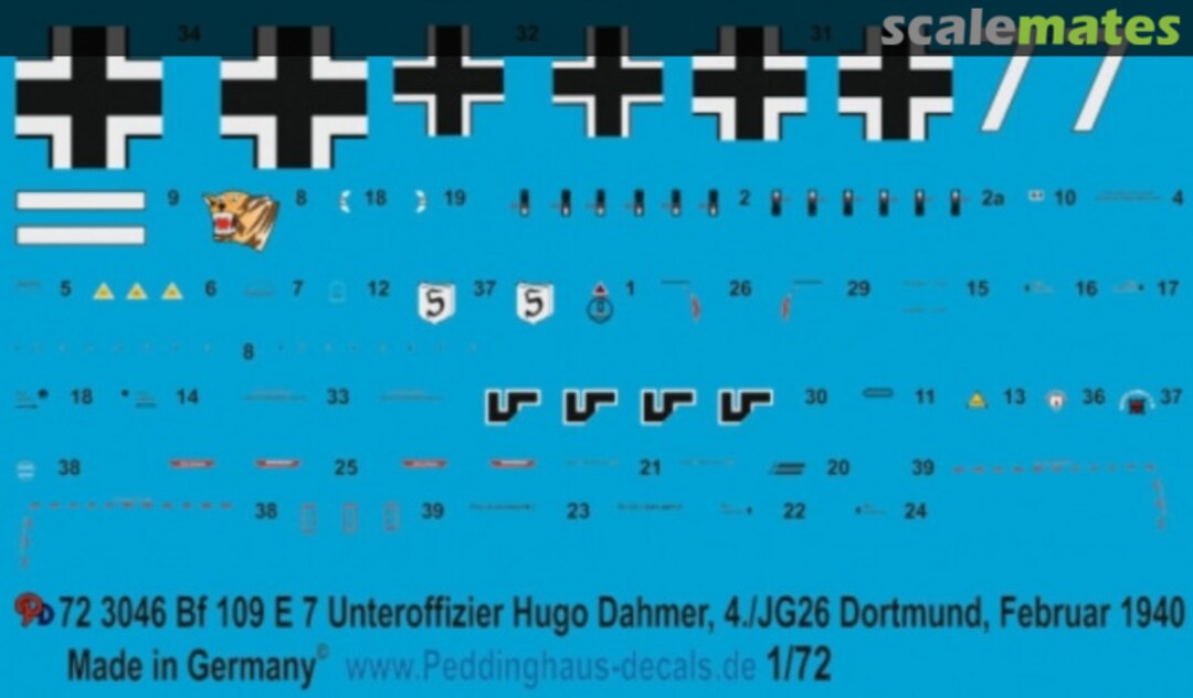 Boxart Bf 109 E-7 Unteroffizier Hugo Dahmer, 4./JG 26 72 3046 Peddinghaus-Decals