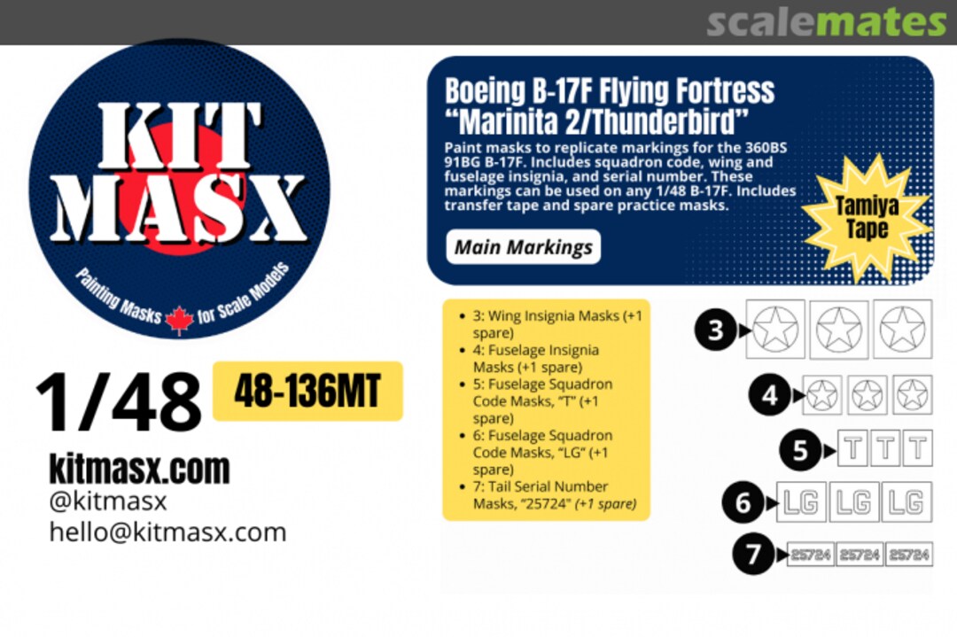 Boxart Boeing B17F Flying Fortress 'Marinita 2/Thunderbird', main markings masks 48-136MT Kit Masx Boxart Boeing B17F Flying Fortress 'Marinita 2/Thunderbird', main markings masks 48-136MT Kit Masx