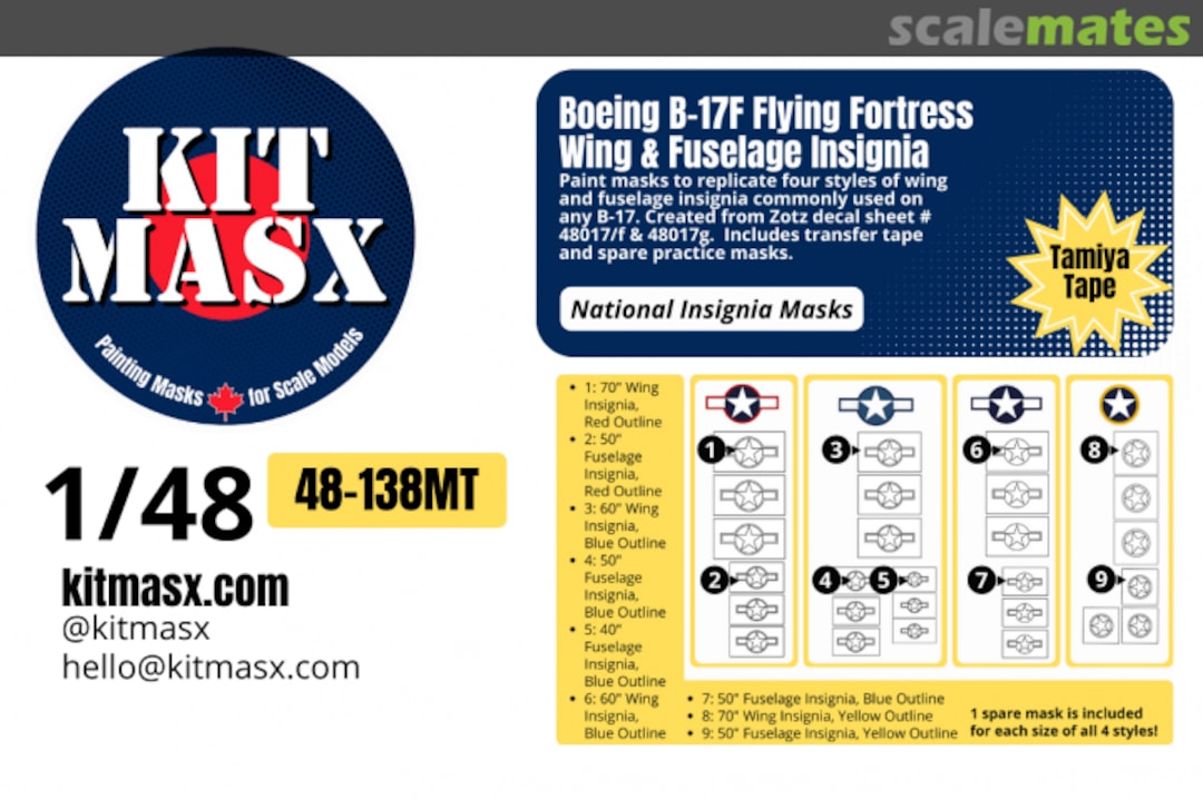 Boxart Boeing B17F Flying Fortress Wing & Fuselage Insignia, national insignia masks 48-138MT Kit Masx Boxart Boeing B17F Flying Fortress Wing & Fuselage Insignia, national insignia masks 48-138MT Kit Masx