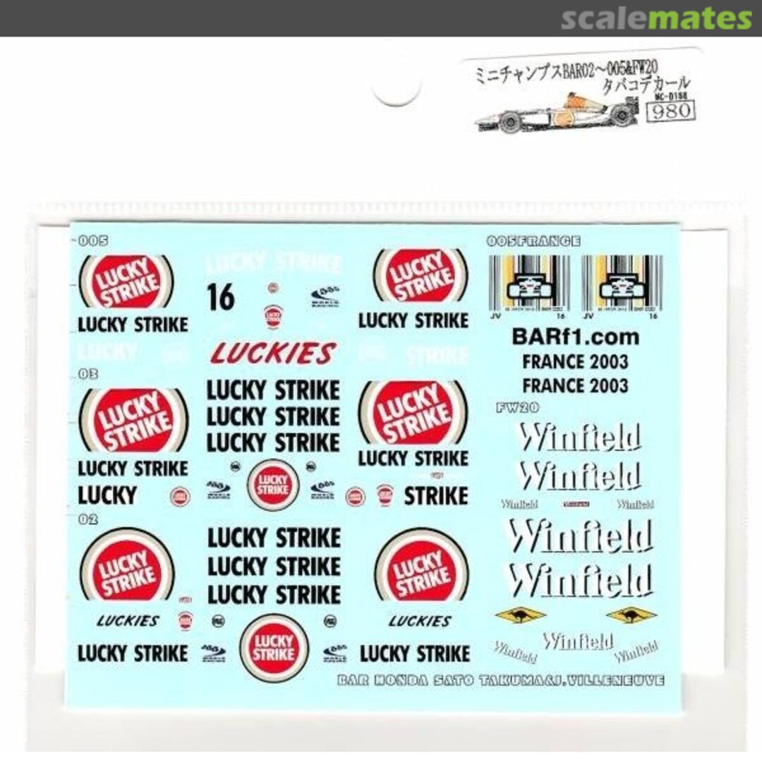 Boxart BAR 002-005 & FW20 Tobacco Decal Set D168 Museum collection Boxart BAR 002-005 & FW20 Tobacco Decal Set D168 Museum collection