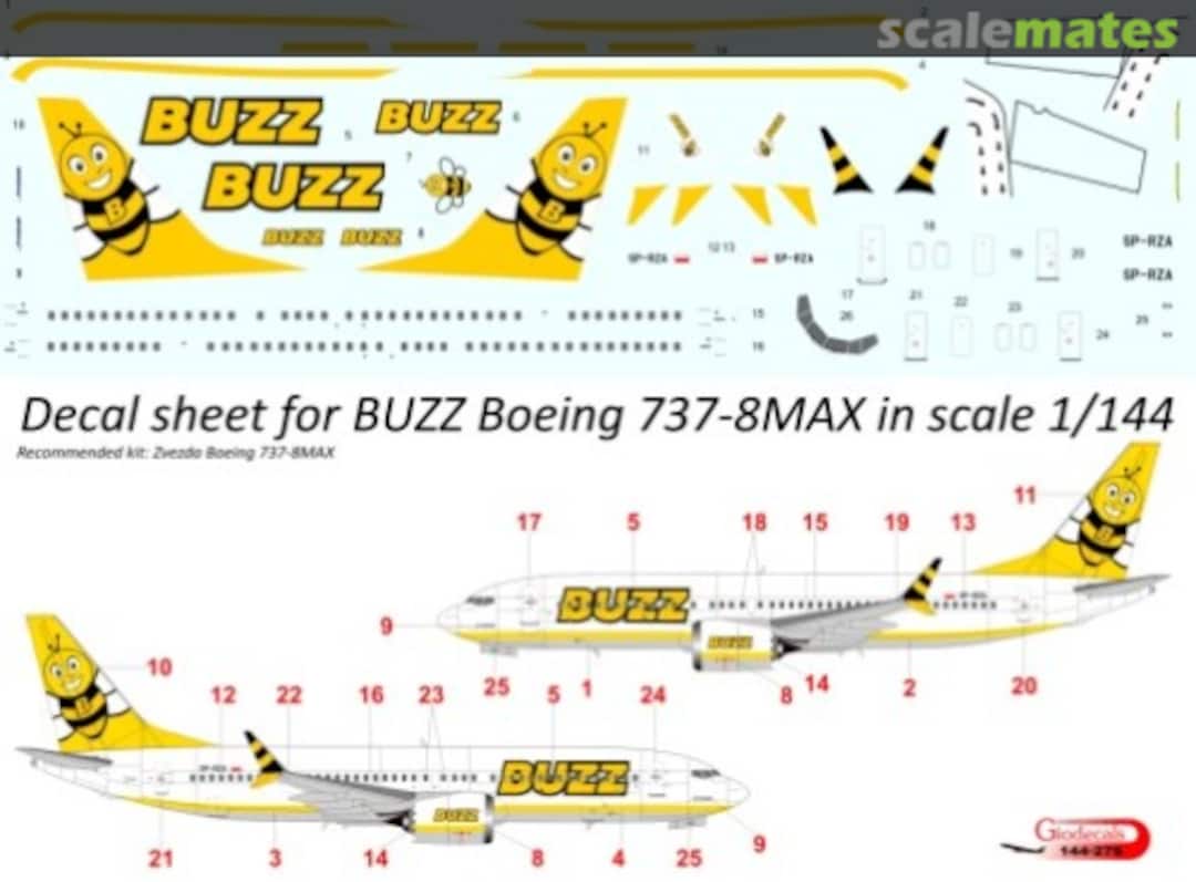 Boxart Decal sheet for BUZZ Boeing 737-8MAX in scale 1/144 144-279 Gio Decals