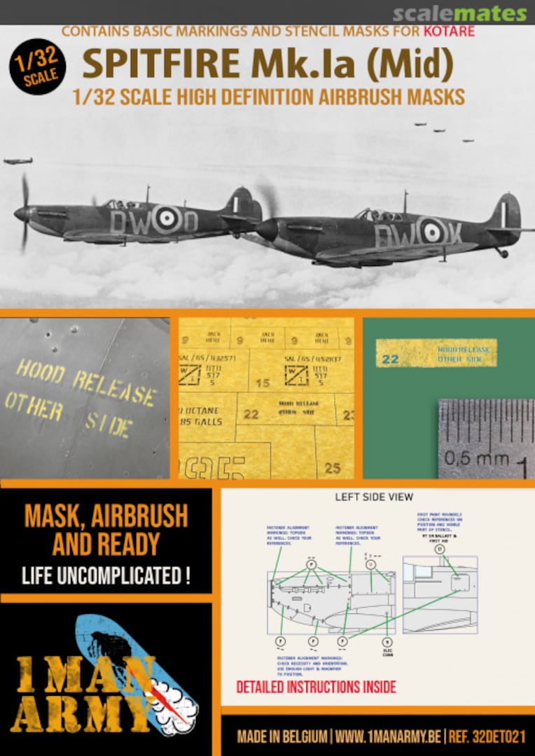 Boxart Supermarine Spitfire Mk.Ia (Mid) stencilling and national insignia masks 32DET021 1ManArmy Boxart Supermarine Spitfire Mk.Ia (Mid) stencilling and national insignia masks 32DET021 1ManArmy