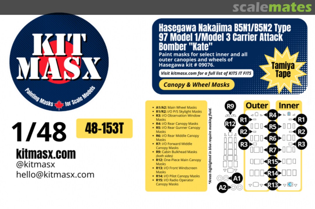 Boxart Nakajima B5N1/B5N2 Type 97 Model 1/3 Carrier Attack Bomber 'Kate', canopy and wheel masks 48-153T Kit Masx