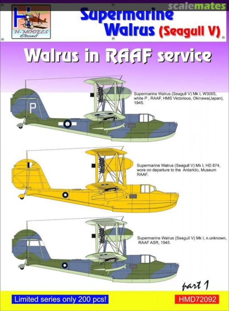 Boxart Supermarine Walrus Mk.I (Seagull V) in RAAF Service Part 1 HMD72092 H-Models Decals