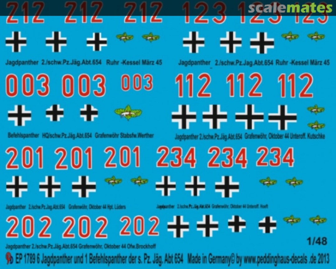 Boxart 6 Jagdpanther und 1 Befehlspanther der schw. Pz.Jäg. Abt 654 1944-45 EP 1789 Peddinghaus-Decals Boxart 6 Jagdpanther und 1 Befehlspanther der schw. Pz.Jäg. Abt 654 1944-45 EP 1789 Peddinghaus-Decals