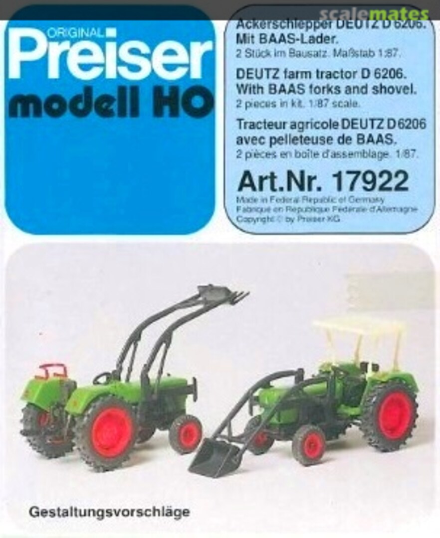 Boxart Farm tractor DEUTZ D 6206 with Baas forks and shovel 17922 Preiser