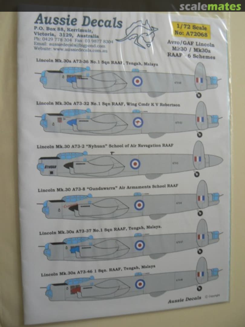 Boxart Avro/GAF Lincoln Mk.30/Mk.30a RAAF A72068 Aussie Decals Boxart Avro/GAF Lincoln Mk.30/Mk.30a RAAF A72068 Aussie Decals