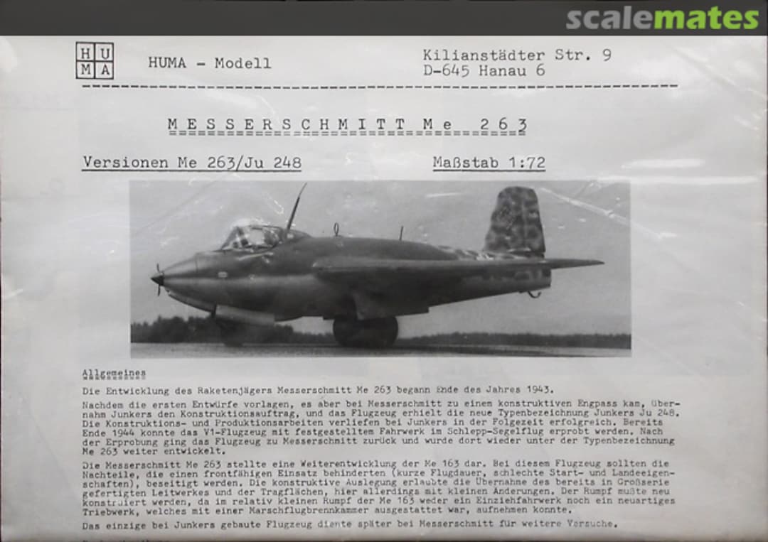 Boxart Messerschmitt Me 263 0009 Huma Modell Boxart Messerschmitt Me 263 0009 Huma Modell