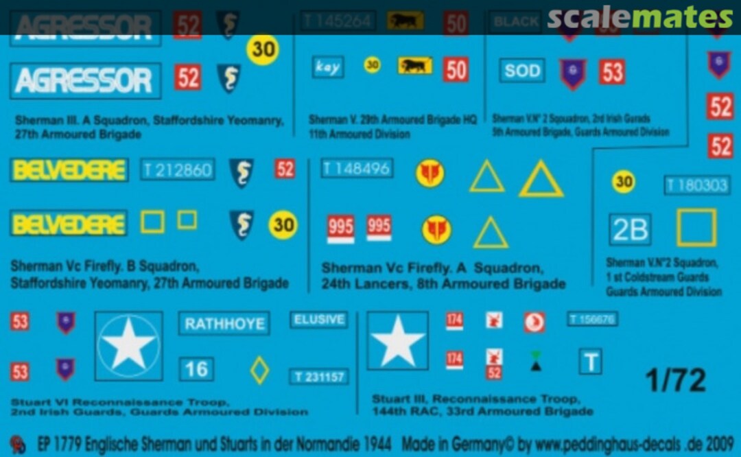 Boxart 6 englische Shermans und 2 Stuart Panzer in der Normandie 1944 EP 1779 Peddinghaus-Decals Boxart 6 englische Shermans und 2 Stuart Panzer in der Normandie 1944 EP 1779 Peddinghaus-Decals