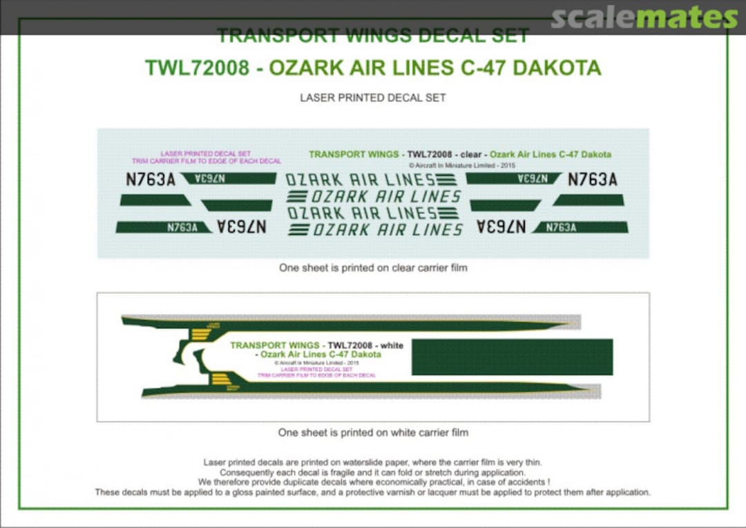 Contents Ozark Air Lines C-47 Dakota (circa 2006) decal set TWL72008 Aircraft In Miniature Ltd Contents Ozark Air Lines C-47 Dakota (circa 2006) decal set TWL72008 Aircraft In Miniature Ltd