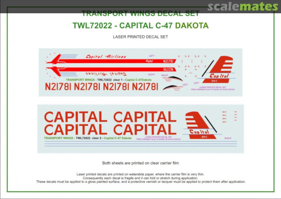 Contents Capital Airlines C-47 Dakota (circa 1955) decal set TWL72022 Aircraft In Miniature Ltd Contents Capital Airlines C-47 Dakota (circa 1955) decal set TWL72022 Aircraft In Miniature Ltd