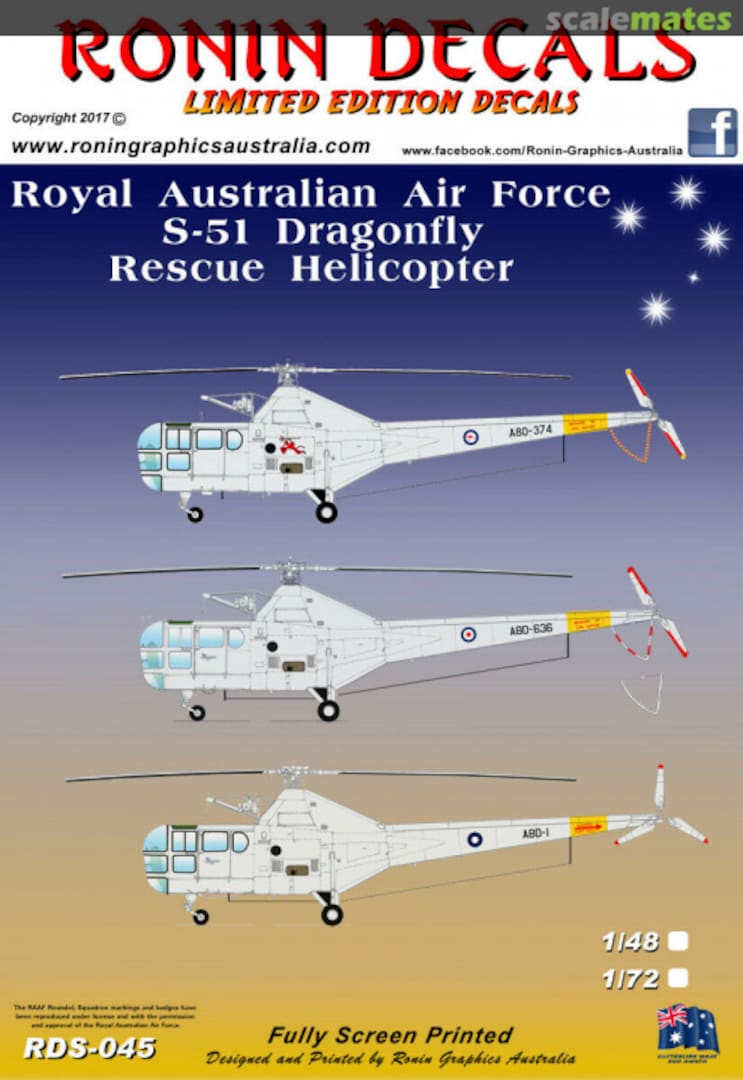 Boxart Royal Australian Air Force S-51 Dragonfly Rescue Helicopter RDS-045 Ronin Decals Boxart Royal Australian Air Force S-51 Dragonfly Rescue Helicopter RDS-045 Ronin Decals