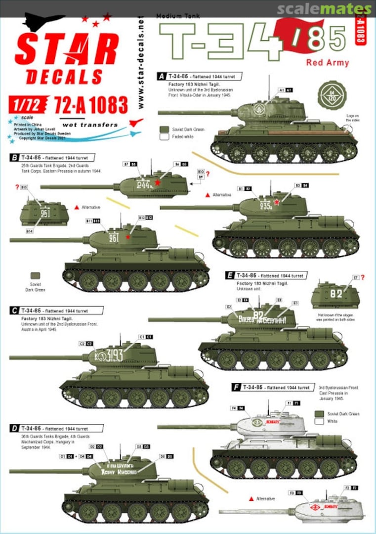 Boxart T-34/85 Red Army 72-A1083 Star Decals Boxart T-34/85 Red Army 72-A1083 Star Decals