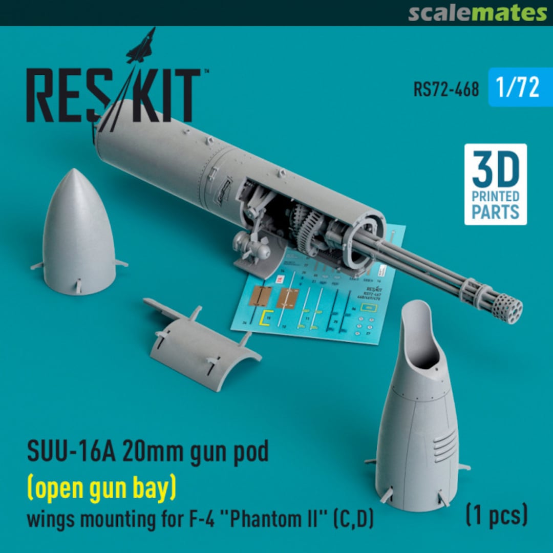 Boxart SUU-16A 20mm gun pod (open gun bay) wings mounting for F-4 Phantom II (C,D) (1 pcs) (3D Printed) RS72-0468 ResKit