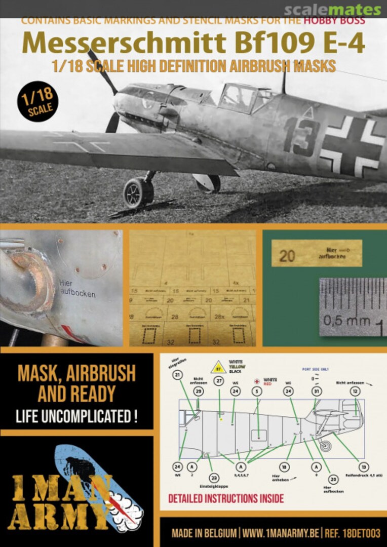 Boxart Messerschmitt Bf109 E-4 stencilling and national insignia masks 18DET003 1ManArmy Boxart Messerschmitt Bf109 E-4 stencilling and national insignia masks 18DET003 1ManArmy