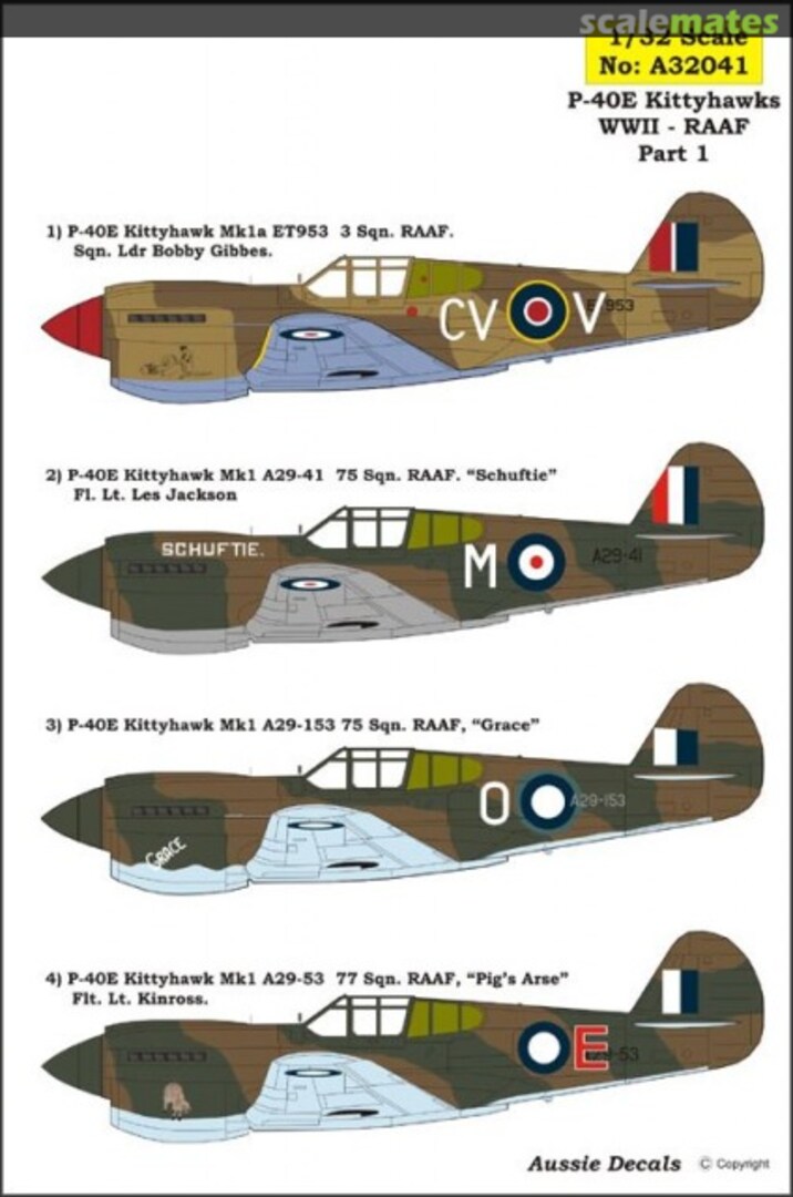 Boxart Curtiss P-40E Kittyhawk A32041 Aussie Decals