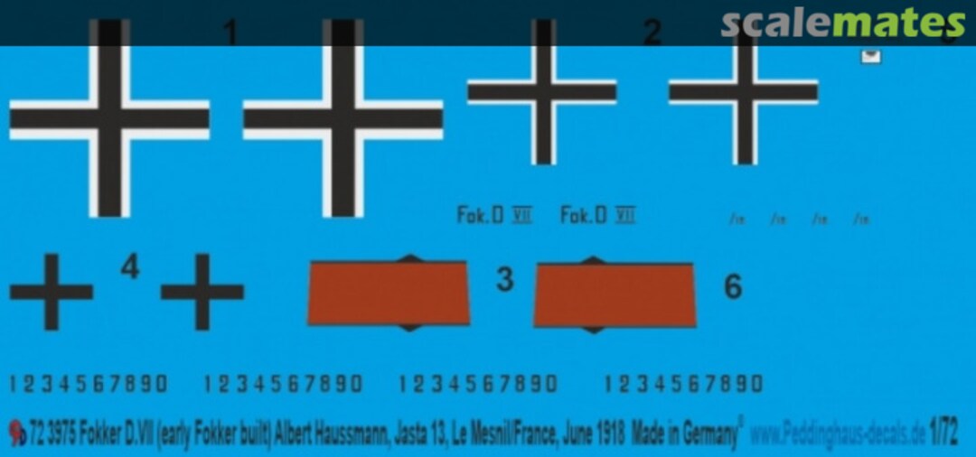 Boxart Fokker D.VII (early fokkerbulit) Albert Haussmann, Jasta 13, Le Mesnil/France, June 1918 72 3975 Peddinghaus-Decals Boxart Fokker D.VII (early fokkerbulit) Albert Haussmann, Jasta 13, Le Mesnil/France, June 1918 72 3975 Peddinghaus-Decals