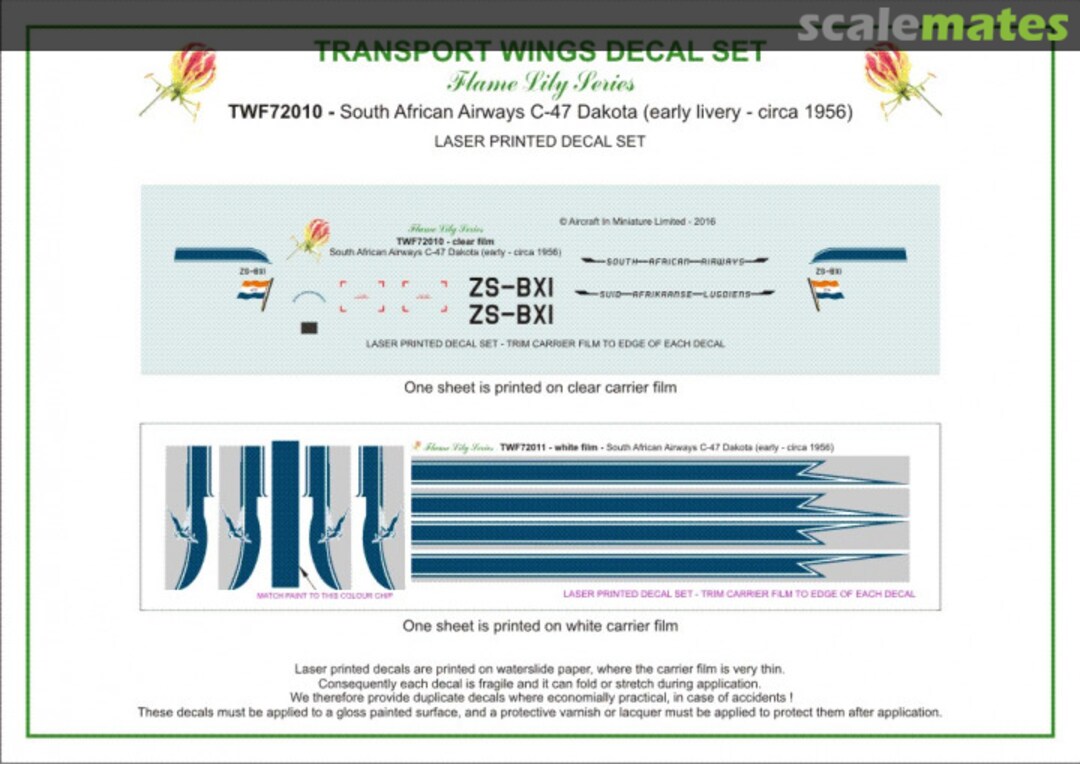 Contents South African Airways C-47 Dakota, early livery (circa 1956) decal set TWF72010 Aircraft In Miniature Ltd Contents South African Airways C-47 Dakota, early livery (circa 1956) decal set TWF72010 Aircraft In Miniature Ltd