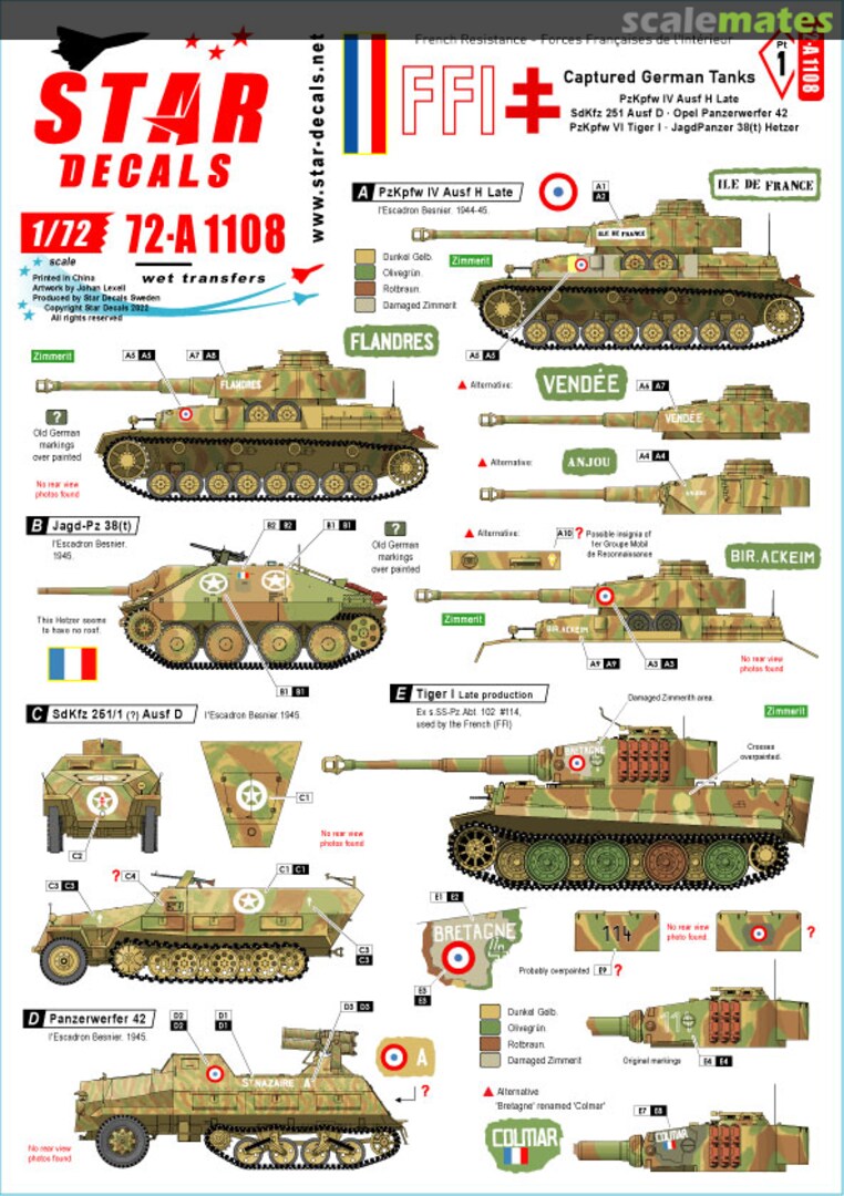 Boxart WW.II FFI #1 German Panzer IV Ausf.H Final Type SdKfz251D Panzerwerfer Tiger I Hetzer Captured by French Home Army (FFI) 72-A1108 Star Decals Boxart WW.II FFI #1 German Panzer IV Ausf.H Final Type SdKfz251D Panzerwerfer Tiger I Hetzer Captured by French Home Army (FFI) 72-A1108 Star Decals