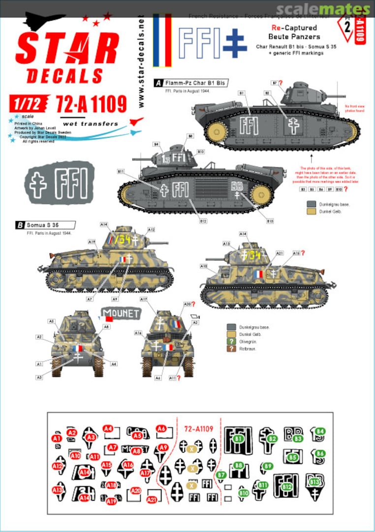 Boxart WW.II FFI #2 French tank Renault B1bis Somua S35 Recaptured by the French Home Army (FFI) and His FFI Marking (General Purpose type) 72-A1109 Star Decals Boxart WW.II FFI #2 French tank Renault B1bis Somua S35 Recaptured by the French Home Army (FFI) and His FFI Marking (General Purpose type) 72-A1109 Star Decals