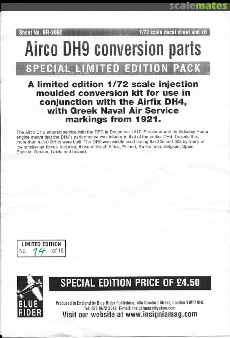 Boxart Airco DH9 conversion parts BR-306D Blue Rider Boxart Airco DH9 conversion parts BR-306D Blue Rider