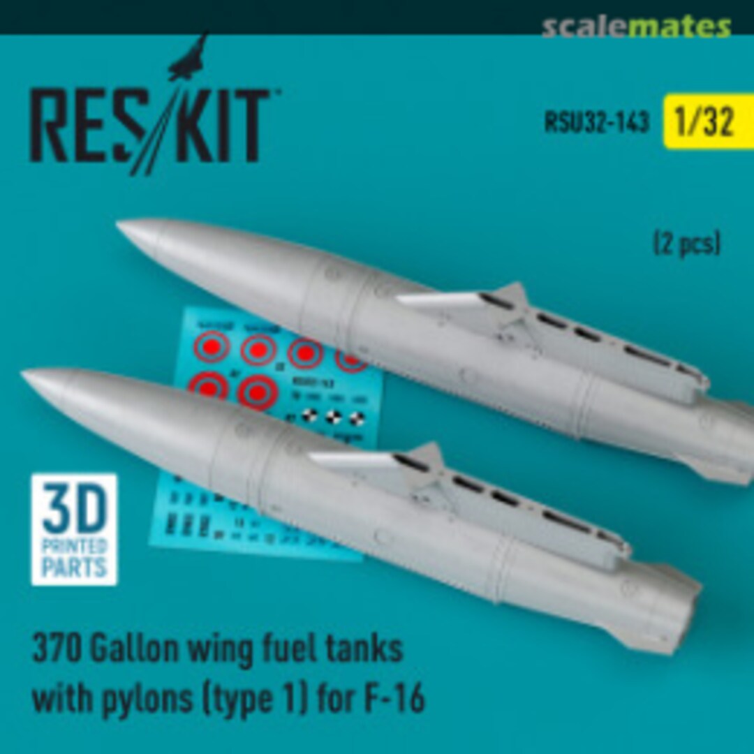 Boxart 370 Gallon wing fuel tanks with pylons (type 1) for F-16 (2 pcs) RSU32-0143 ResKit Boxart 370 Gallon wing fuel tanks with pylons (type 1) for F-16 (2 pcs) RSU32-0143 ResKit