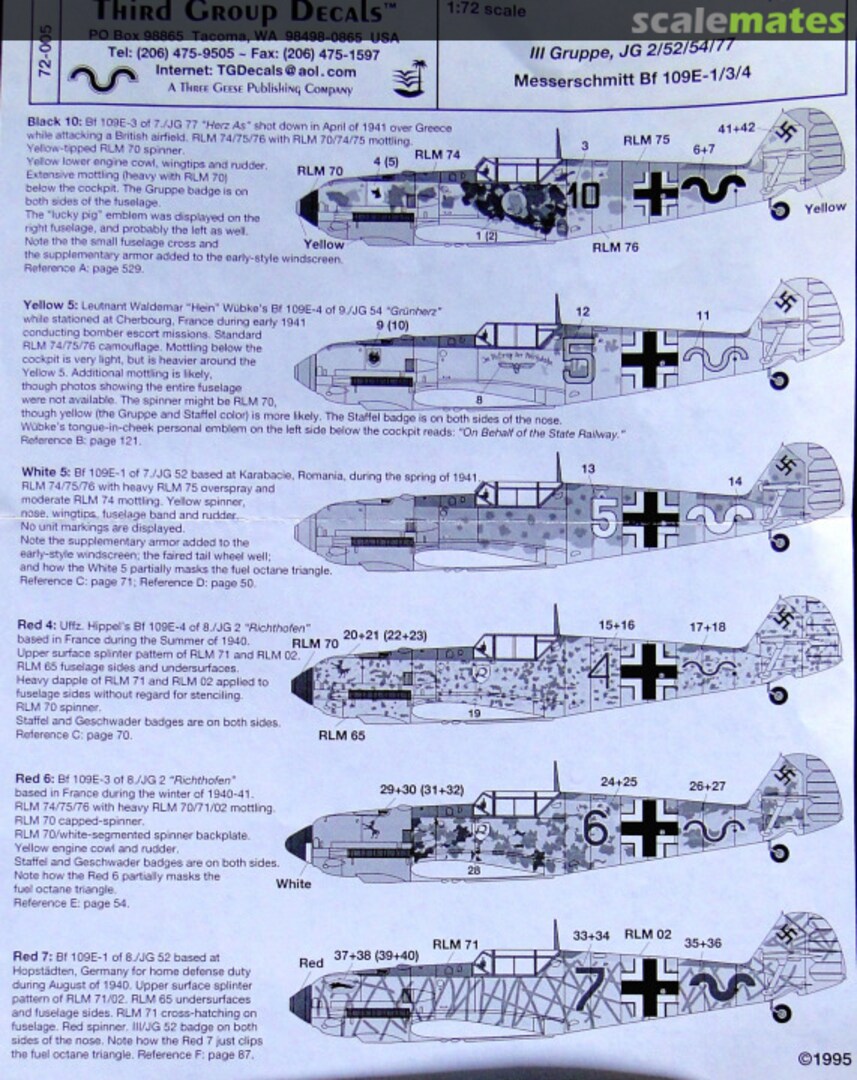 Contents III Gruppe, JG 2 / 52 / 54 / 77 72-005 Third Group Decals
