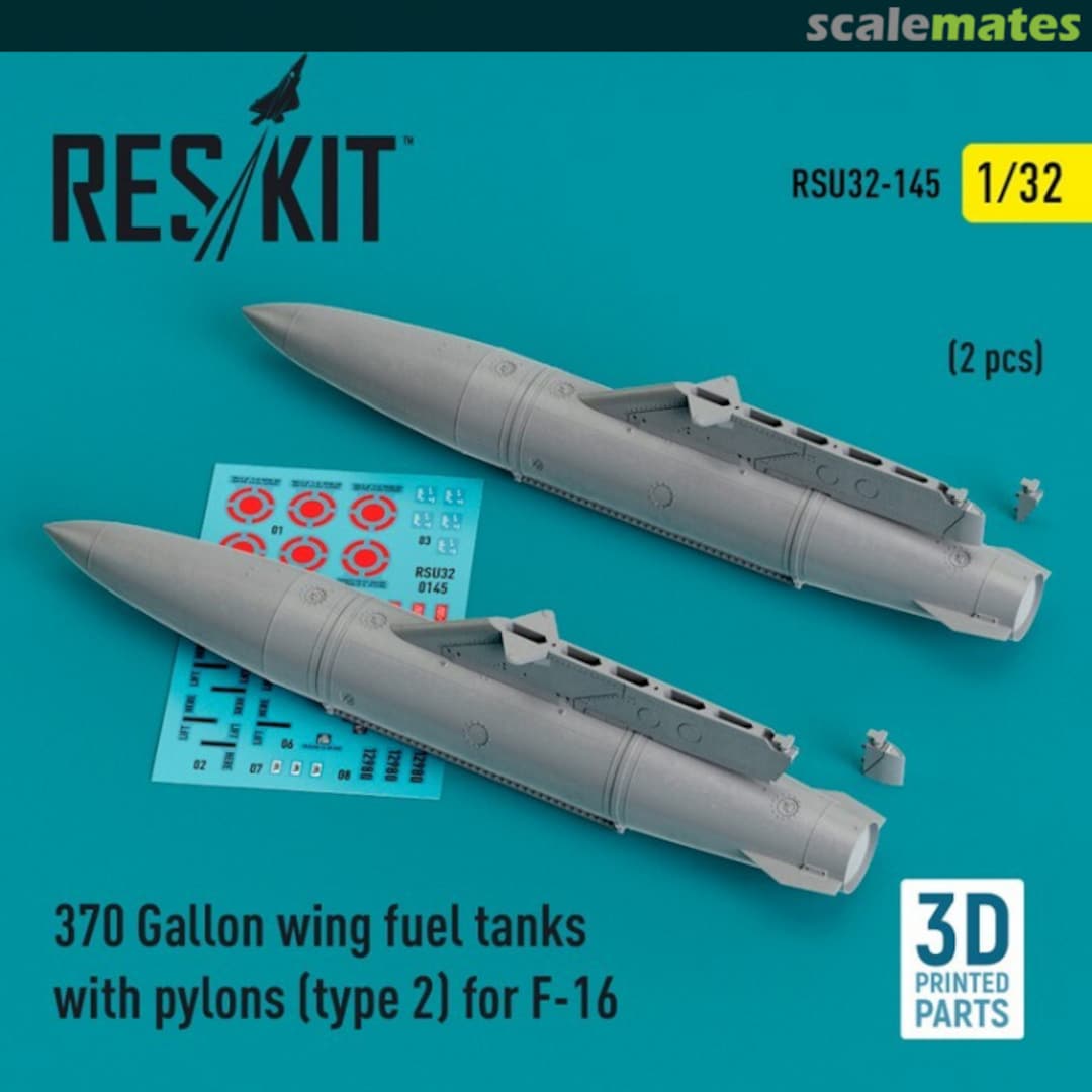 Boxart 370 Gallon wing fuel tanks with pylons (type 2) for F-16 (2 pcs) (3D Printed) RSU32-0145 ResKit Boxart 370 Gallon wing fuel tanks with pylons (type 2) for F-16 (2 pcs) (3D Printed) RSU32-0145 ResKit