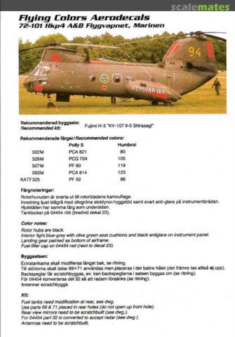 Boxart Swedish HKP4/Vertol 107-II 72-101 Flying Colors Aerodecals
