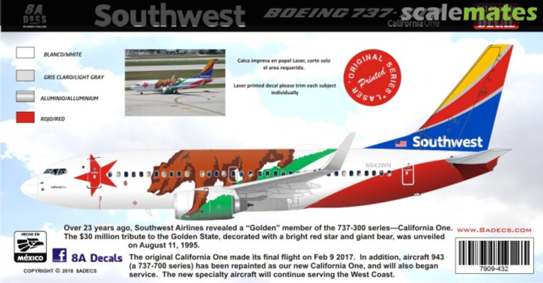 Boxart Southwest Boeing 737-700 California one 7909-432 8aDecs