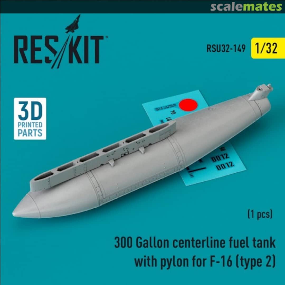 Boxart 300 Gallon centerline fuel tank with pylon for F-16 (type 2) (1 pcs) (3D Printed) RSU32-0149 ResKit