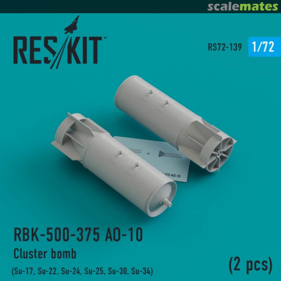 Boxart RBK-500-375 AO-10 Cluster bomb for Su-17/22/24/25/30/34 (2 pcs) RS72-0139 ResKit Boxart RBK-500-375 AO-10 Cluster bomb for Su-17/22/24/25/30/34 (2 pcs) RS72-0139 ResKit