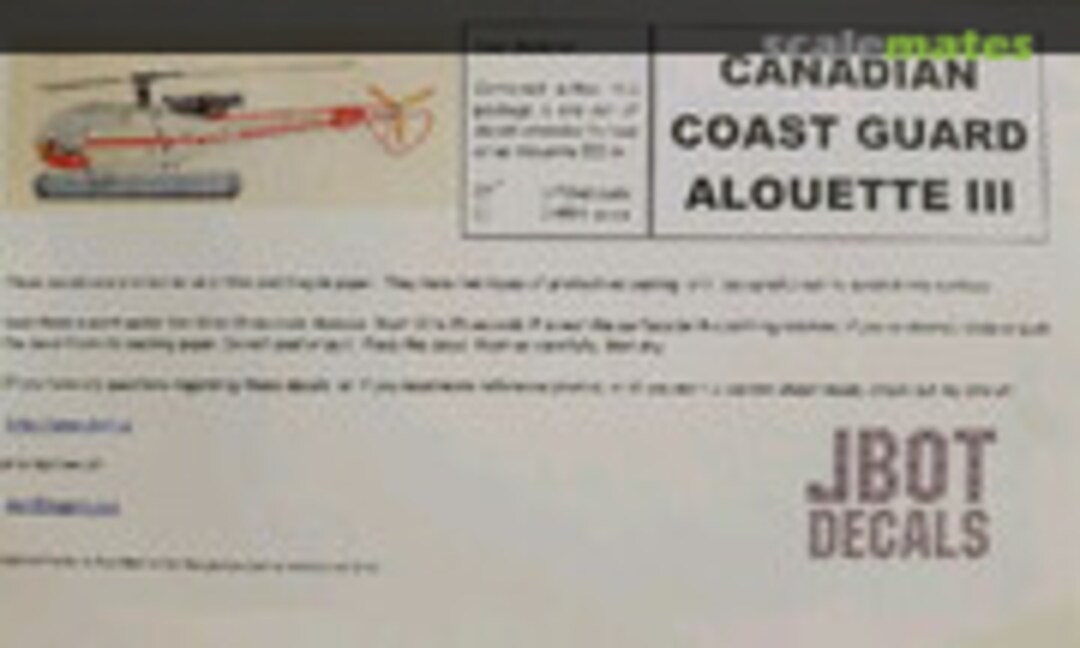 1:72 Canadian Coast Guard Alouette III w/ Floats (JBOT Decals 72-98-02) 72-98-02