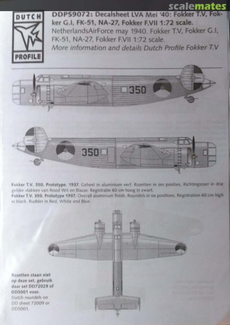 Boxart DecalSheet LVA Mei '40: Fokker T.V, Fokker G.1, FK-51, NA-27, Fokker F.VIII DDPS9072 Dutch Profile Boxart DecalSheet LVA Mei '40: Fokker T.V, Fokker G.1, FK-51, NA-27, Fokker F.VIII DDPS9072 Dutch Profile