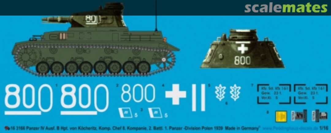 Boxart Panzer IV Ausf.B Hpt. Von Köcheritz, Kp-Chef, 8. Kompanie, 2. Bat. 1. PD 16 3166 Peddinghaus-Decals