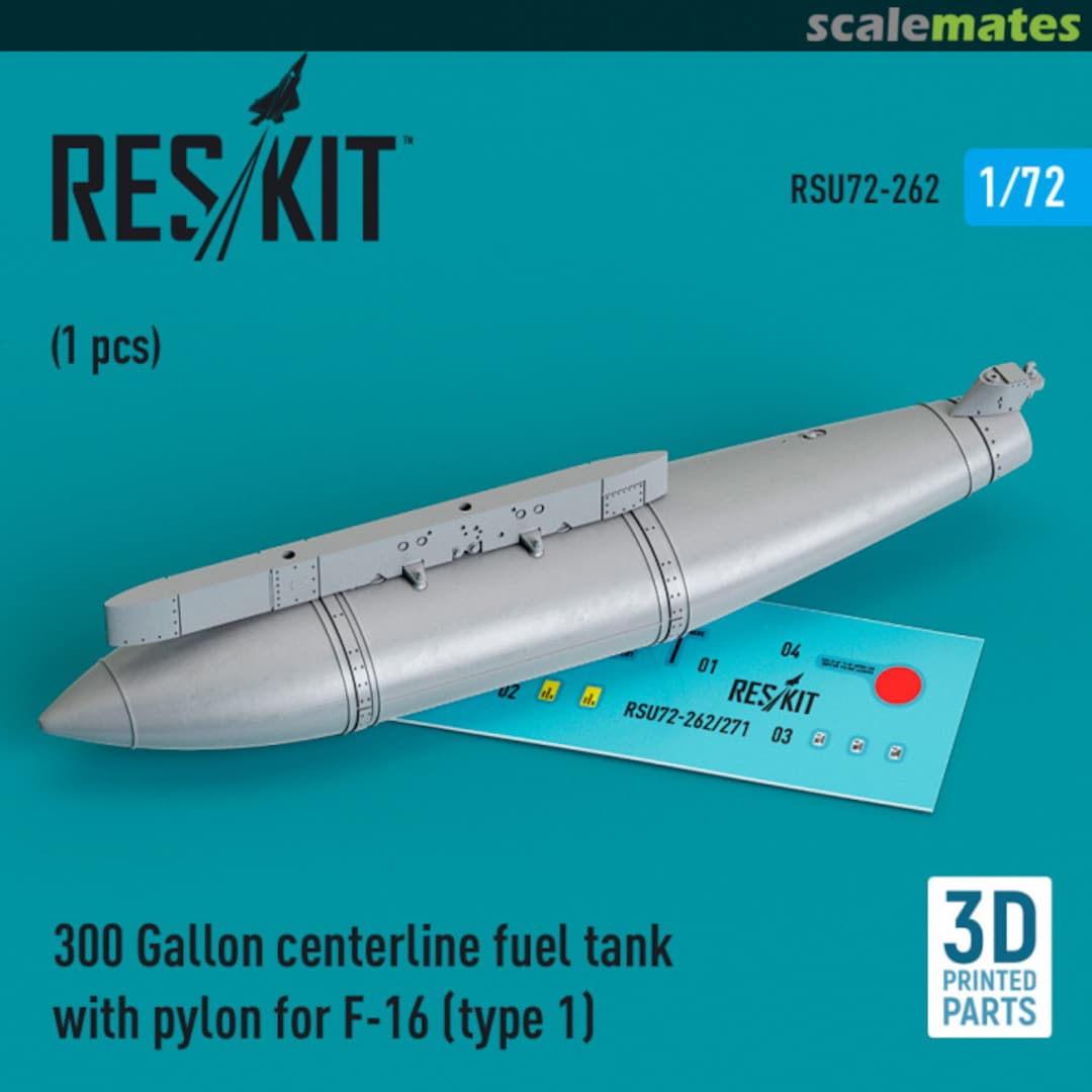 Boxart 300 Gallon centerline fuel tank with pylon for F-16 (type 1) (1 pcs) (3D Printed) RSU72-0262 ResKit Boxart 300 Gallon centerline fuel tank with pylon for F-16 (type 1) (1 pcs) (3D Printed) RSU72-0262 ResKit