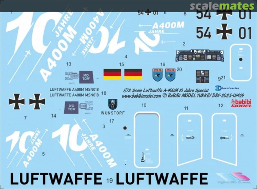 Contents Luftwaffe A-400M 10 Jahre Special decals With 3D Cockpit Dbt-01429 Babibi model Contents Luftwaffe A-400M 10 Jahre Special decals With 3D Cockpit Dbt-01429 Babibi model