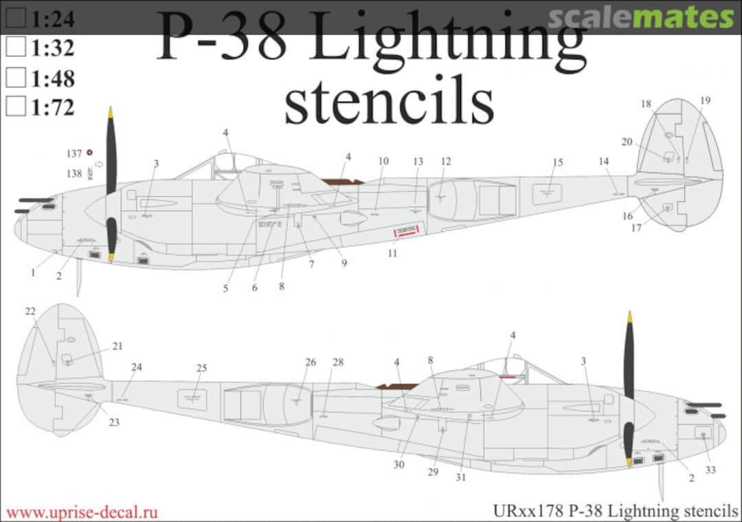 Boxart P-38 Lightning stencils with insignia UR48178 UpRise Decal Boxart P-38 Lightning stencils with insignia UR48178 UpRise Decal
