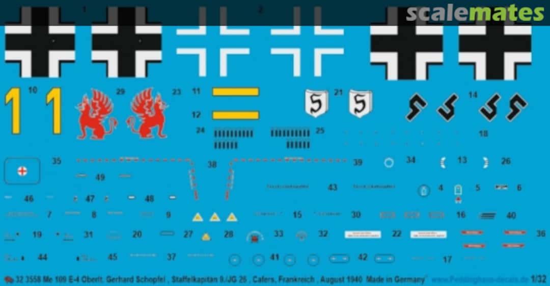 Boxart Bf 109 E-4 Oberlt. Gerhard Schopfel, Staffelkapitän 9./JG 26, Cafers, Frankreich, August 1940 32 3558 Peddinghaus-Decals Boxart Bf 109 E-4 Oberlt. Gerhard Schopfel, Staffelkapitän 9./JG 26, Cafers, Frankreich, August 1940 32 3558 Peddinghaus-Decals