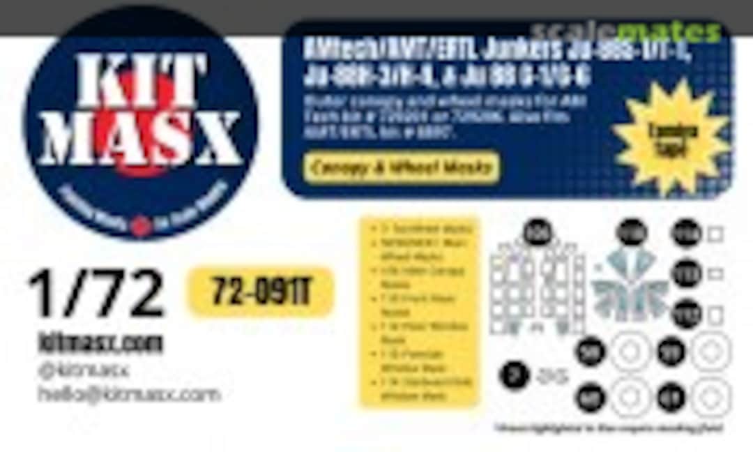 1:72 Ju-88S-1/T-1/Ju-88H-3/H-4/Ju-88 G-1/G-6 Canopy & Wheel Masks (Kit Masx 72-091T) 72-091T