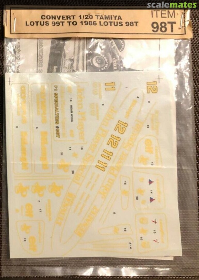Boxart Convert the 1/20 Tamiya Lotus 99T into the 1986 Lotus 98T 1SPECS.20-98T F1 Specialties Boxart Convert the 1/20 Tamiya Lotus 99T into the 1986 Lotus 98T 1SPECS.20-98T F1 Specialties